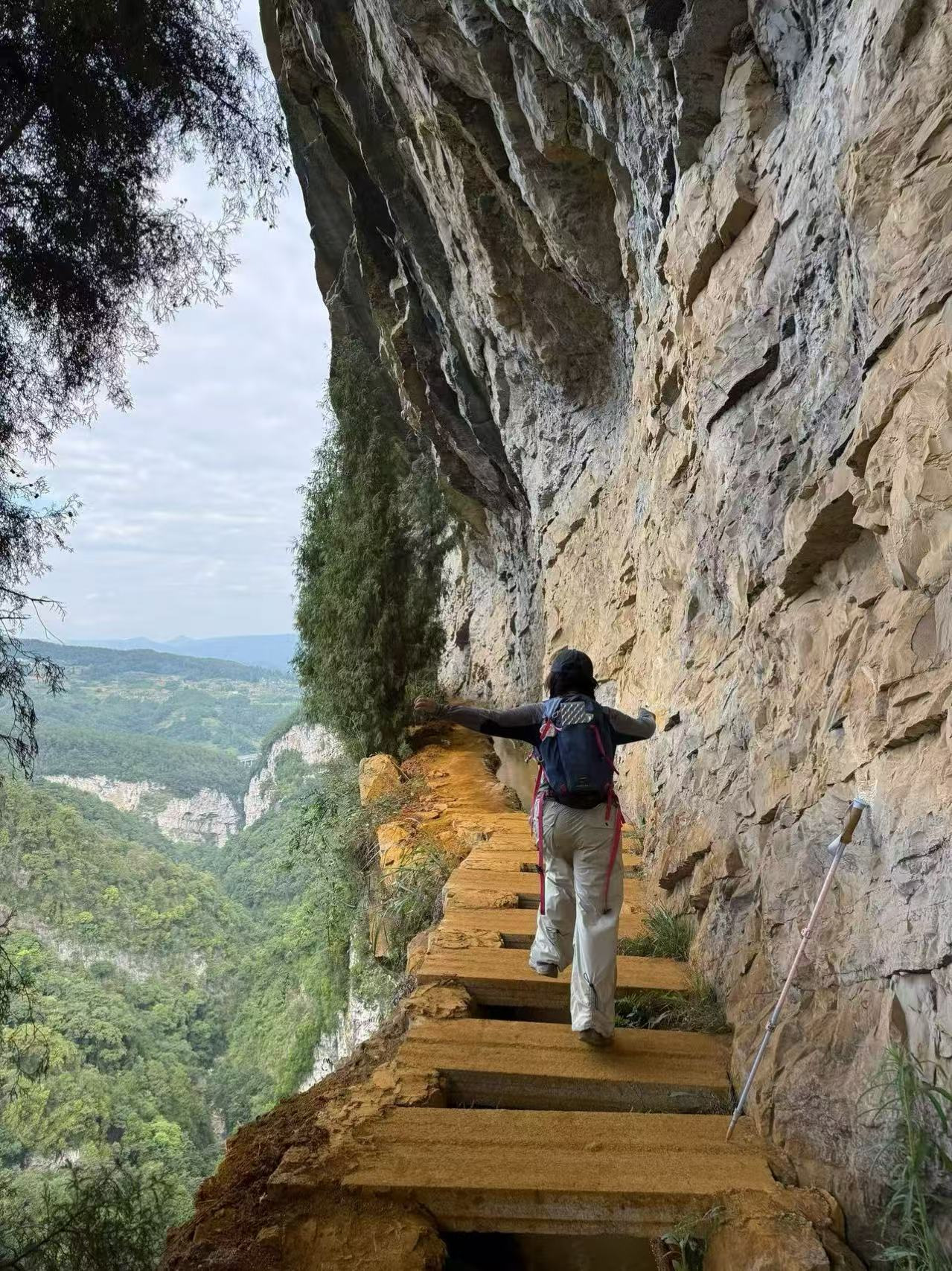 Hiker on a cliffside wooden trail