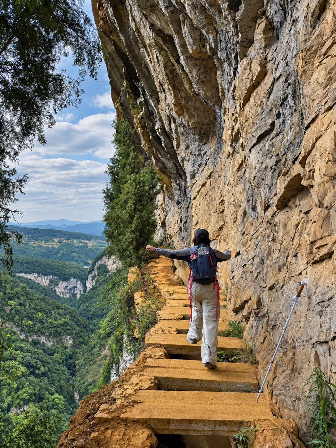 Hiker on a cliffside wooden trail