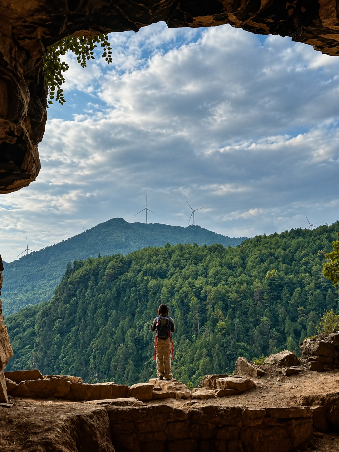 Hiker overlooking forested mountains and wind turbines near Chongqing